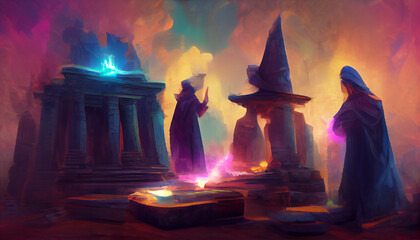 Fototapeta na wymiar a wizard casting spells in an ancient temple