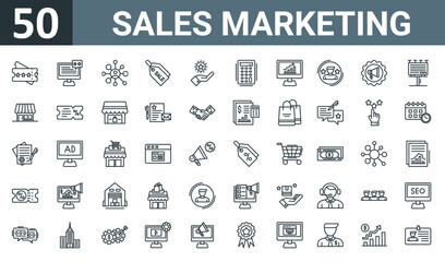 Fototapeta na wymiar set of 50 outline web sales marketing icons such as ticket, review, network, sales, brand, calculator, trend vector thin icons for report, presentation, diagram, web design, mobile app.