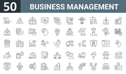 Fototapeta na wymiar set of 50 outline web business management icons such as accounting, mission, transfer, pay per click, customer target, training, goal vector thin icons for report, presentation, diagram, web design,
