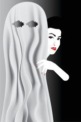 A pretty girl is partly hidden by a sheet-draped ghostly figure with vacant eye holes.