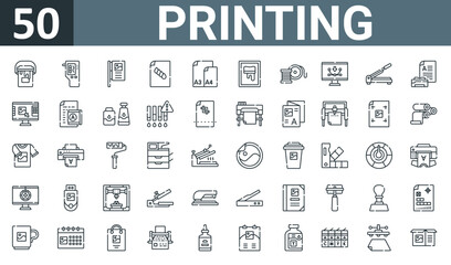 Fototapeta na wymiar set of 50 outline web printing icons such as paint, densitometer, banner, cmyk, paper size, screen, d vector thin icons for report, presentation, diagram, web design, mobile app.