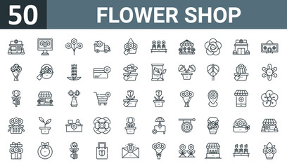 Fototapeta na wymiar set of 50 outline web flower shop icons such as flower shop, flower shop, bouquet, delivery, basket, flowers, florist vector thin icons for report, presentation, diagram, web design, mobile app.