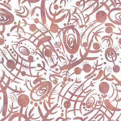 Abstract seamless pattern on transparent background. Paper texture, pink watercolor stains and splashes and threads of golden glitter on pattern. (pattern: sp04a)