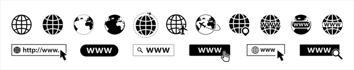 Search bar elements and globes icons set. WWW, search, globe, cursor. Vector illustration.