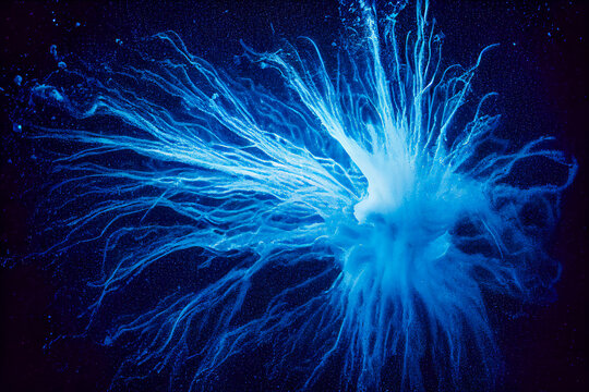 Blue powder explosion on black background, minimalist, freeze frame of the movement in 3d illustration