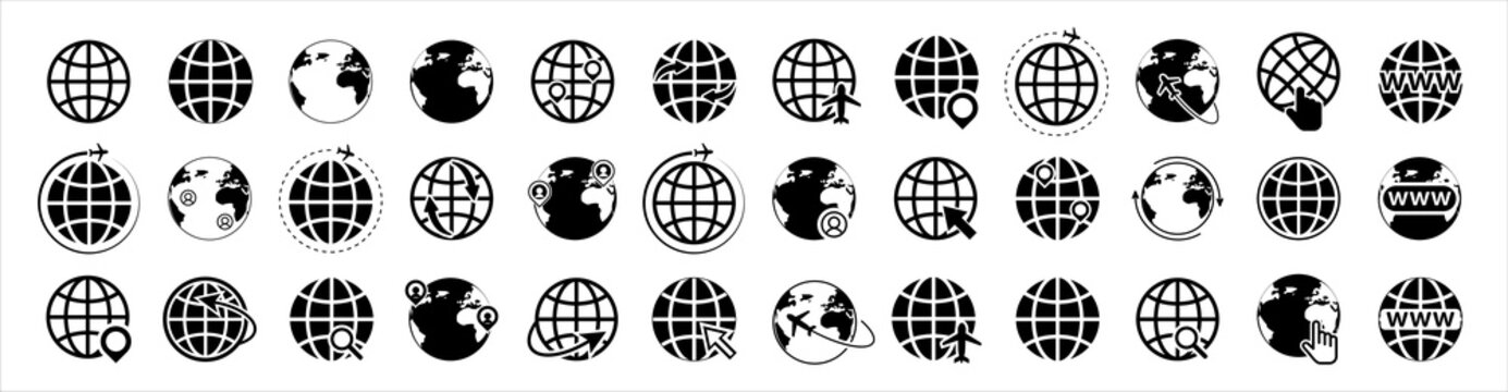 Search bar elements and globes icons set. WWW, search, globe, cursor. Vector illustration.