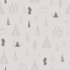 Simple seamless forest pattern with line homes, trees for wrap, web design, eco friendly products. Glamping tent, house in the wood. Line vector illustrations