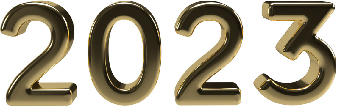 Gold Numbers 2023 On Transparent Background. New Year Event Symbol. 3d Render Illustration In PNG Format.