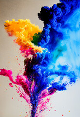Freeze frame of a total explosion of powder or multicolored fluid, 3d artitistic illustration