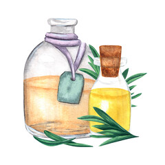 Composition with bottles of fragrant oil and rosemary sprigs painted in watercolor isolated on a white background.