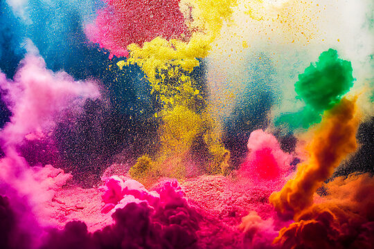 Explosion of multicolored powder on black background, minimalist, freeze frame of the movement in 3d illustration © XaMaps