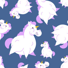 Fat Unicorn Pattern seamless. fleshy mythical animal Background. Baby fabric ornament