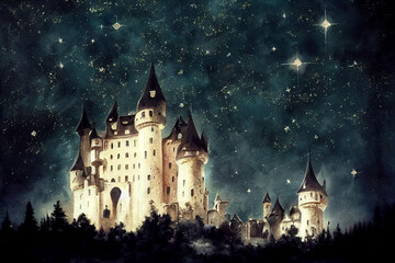 Obraz premium Fairy-tale castle on the background of the night starry sky