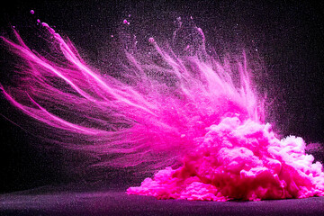 Explosion of pink powder on black background, minimalist, freeze frame of the movement in 3d illustration