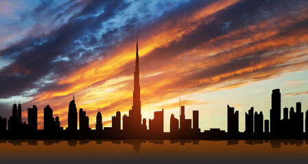 Obraz na płótnie Canvas United Arab Emirates, Dubai skyline view at sunset. UAE celebration. National day, Flag day, Commemoration day, Martyrs day.