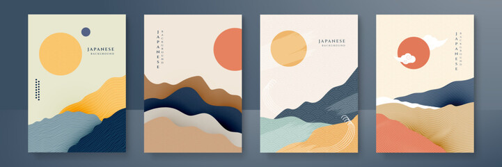 Japanese background with line wave pattern vector. Abstract template with geometric pattern. Mountain layout design in oriental style.