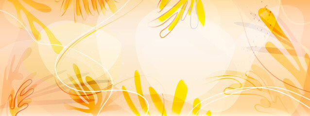 Fototapeta na wymiar Abstract summer background in shades of dawn with tropical leaves and stems. Beautiful modern templates for placing text, promotions, advertising, promotions in soothing yellow-orange colors. 