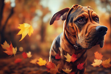 Cute bloodhound in the winter - obrazy, fototapety, plakaty