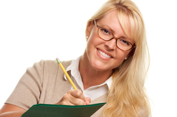 Beautiful Blonde Woman with Pencil Writing Notes in Her Folder