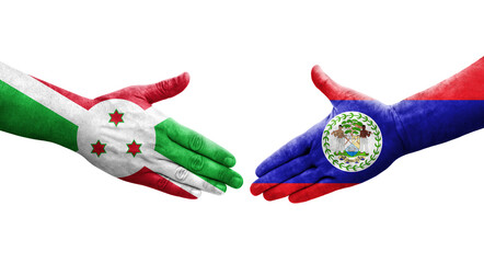 Handshake between Belize and Burundi flags painted on hands, isolated transparent image.