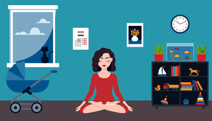 A young mother meditates at home with her eyes closed. A woman does yoga in an apartment. Vector illustration.