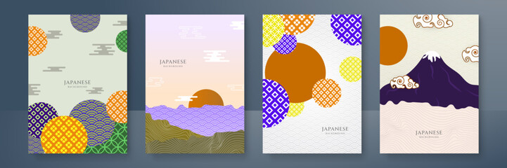 Fototapeta premium Geometric template in traditional Japan style, modern abstract covers set. Template for flyers, banners, brochures. Landscape background with Japanese pattern.Asian poster design. Vector illustration.