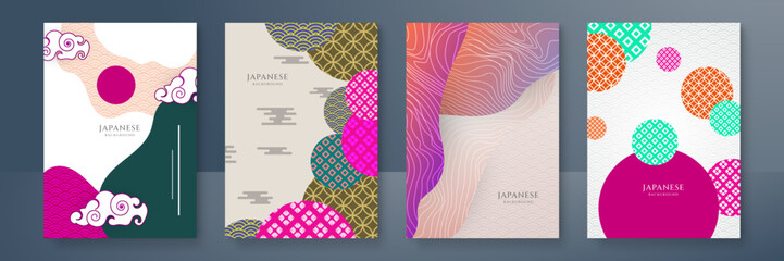 Geometric template in traditional Japan style, modern abstract covers set. Template for flyers, banners, brochures. Landscape background with Japanese pattern.Asian poster design. Vector illustration.