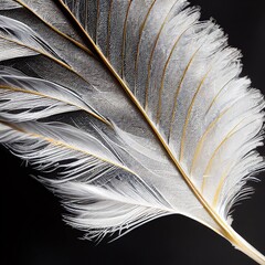 Single white feather closeup on black background