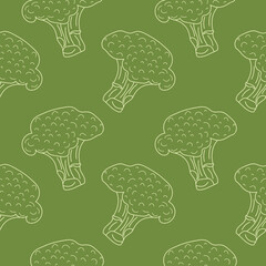 Seamless pattern Broccoli in linear style. Hand drawn Broccoli seamless pattern. Vector illustration