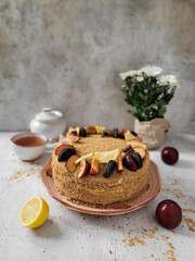 Honey cake decorated with fruits and chocolate. Cake made of thin layers soaked in sour cream and raspberry jam. The cake is served at the cake stand.