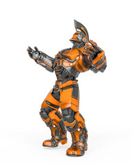 war ready robot is roaring and also looking up on side view