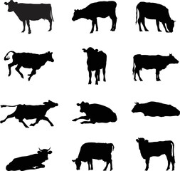 A vector silhouette collection of cows for artwork compositions.