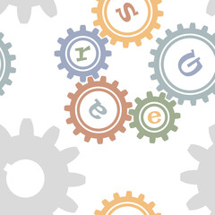 Colored working gears on a white background. Seamless editable pattern. Vector illustration.