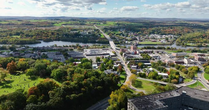 Early afternoon autumn aerial video of the City of Amsterdam New York, USA.
