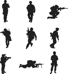A vector silhouette collection of Soldiers for artwork compositions.