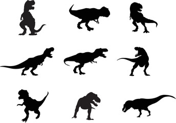 A vector collection of Tyrannosaurus rex silhouettes for artwork compositions.