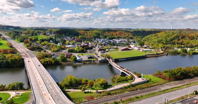 Early afternoon autumn aerial video of the City of Amsterdam New York, USA.
