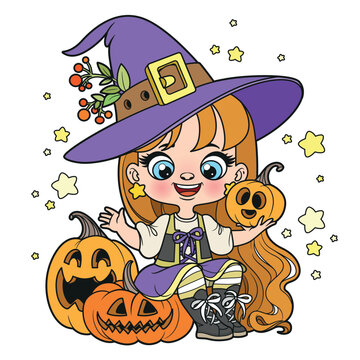 Cute cartoon long haired girl in a Halloween witch costume sit on the pumpkin color variation for coloring page on white background