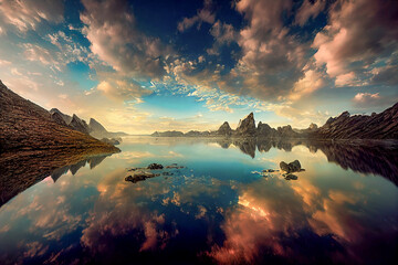 Herrlicher Sonnenuntergang auf dem See, leuchtende helle Wolken. Schöne Reflexion von Licht und Wolken auf der Oberfläche des Sees. Fantastisches Naturpanorama. © Viks_jin