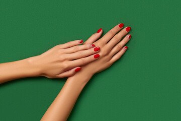 Womans hands with trendy christmas red manicure on green background