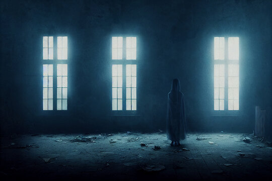 ghost woman at night in abandoned building horror Halloween background