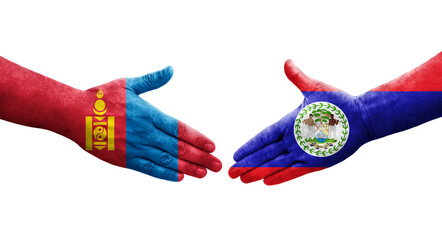 Handshake between Belize and Mongolia flags painted on hands, isolated transparent image.