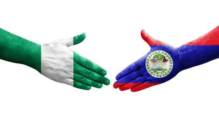 Handshake between Belize and Nigeria flags painted on hands, isolated transparent image.