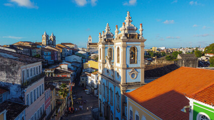 Pelourinho Church with colorful buildings - Salvador, Bahia, Brazil