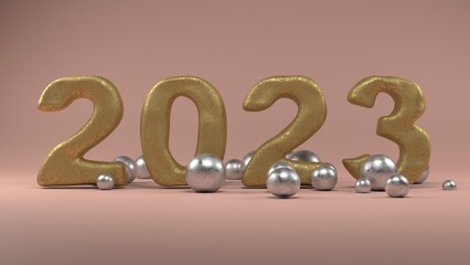 3d rendering of the golden date of the new year 2023 and lots of silver balls on a pink background. The idea of prosperity and well-being in the new year 2023.