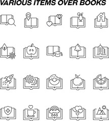 Fototapeta na wymiar Book, reading, novel, education. Editable stroke. Vector line icon set with symbols of heart, diamond, cocktail and other elements next to opened book