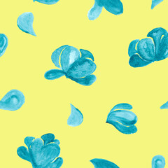 Watercolor blue flowers blossom - seamless pattern painting on yellow background