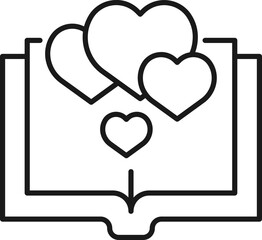 Book, reading, novel, education. Simple isolated pictogram for web sites, stores, articles, adverts. Editable stroke. Vector line icon of hearts over opened book
