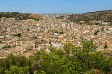Extra wide aerial landscape of Scicli with beautiful historic buildings in the Baroque style