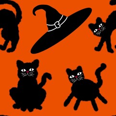 Halloween black cats seamless cartoon monsters pattern for wrapping paper and kids clothes print and packaging